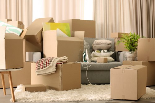 Professional packing materials and labelled boxes prepared for a move in Mile End